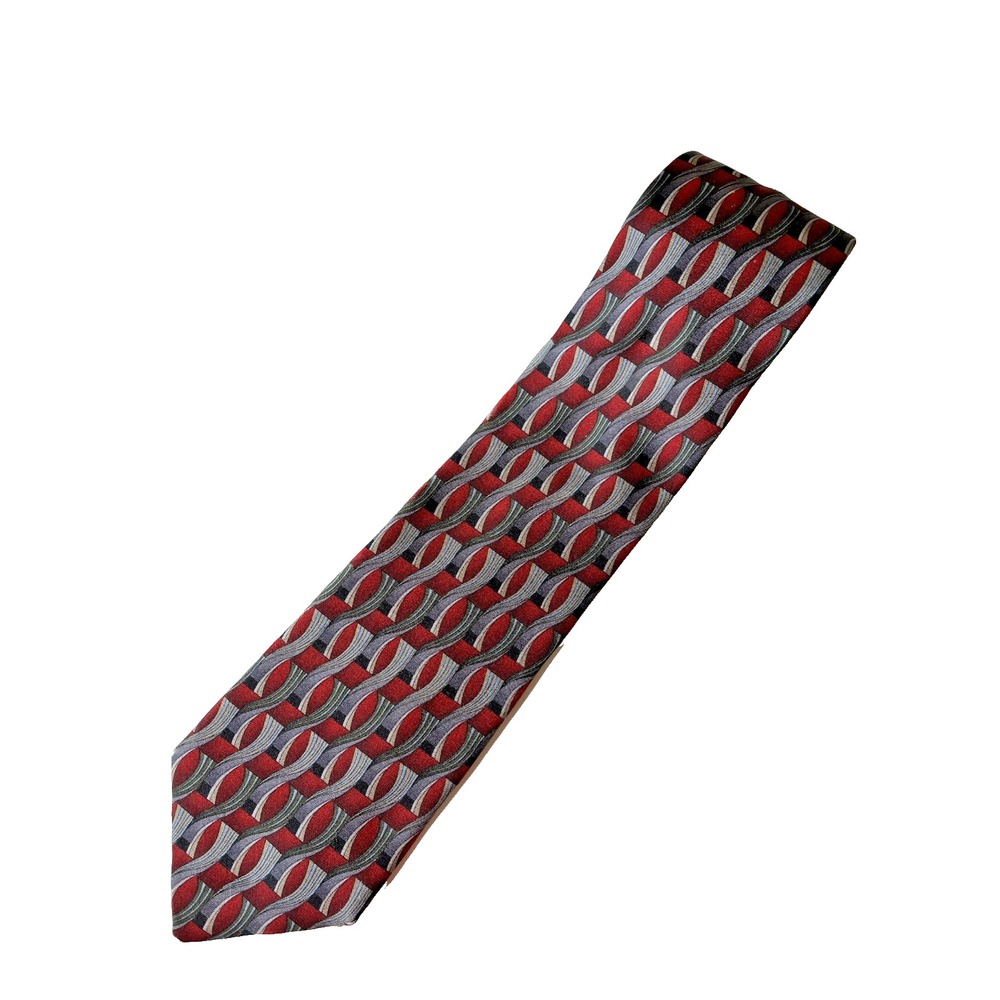 Antonia Collection EXTRA LONG Italian 100% Silk Tie Red Silver Geometric‎ Career